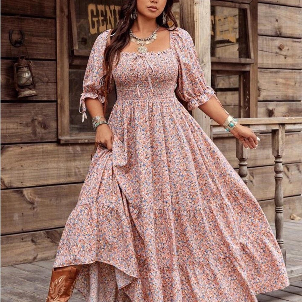 SHEIN Pink Floral Maxi Dress with Puff Sleeves